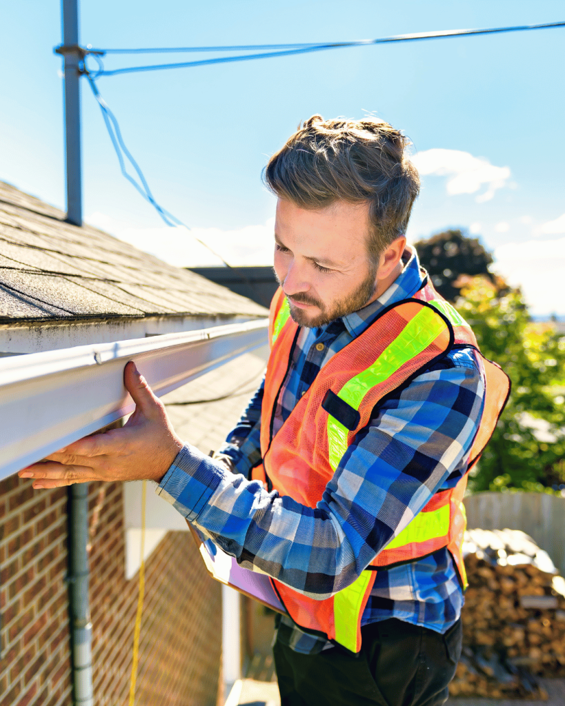 A contractor on a ladder inspecting the gutters and shingles of a home.