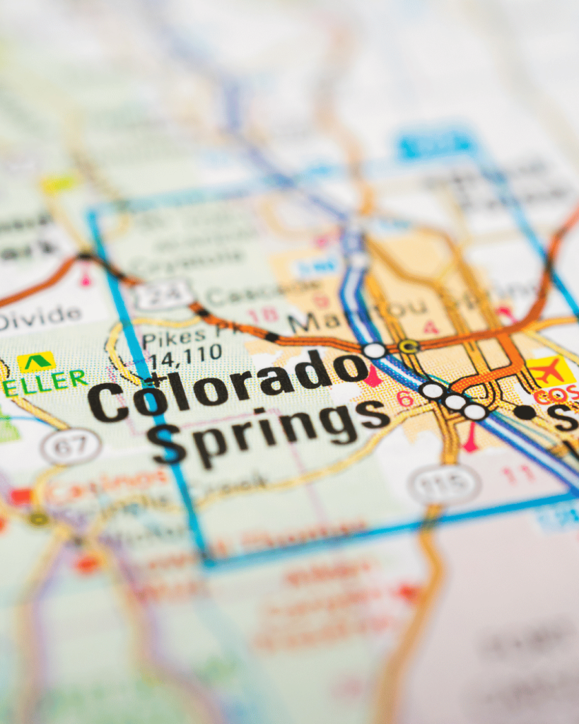 A map laid out with Colorado Springs marked on it.